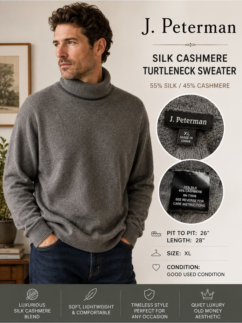 J. Peterman Men's XL Gray Silk Cashmere Turtleneck Sweater Quiet Luxury